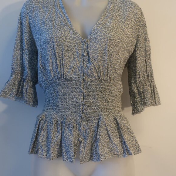 Womens Notes Du Nord Green, Blue Floral Short Sleeve Blouse 38 EUR/US 8 - Picture 3 of 9